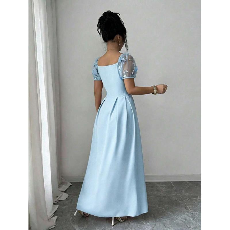 Europe, America 2026 summer new fashion square neck bubble sleeve lace waist slim romantic elegant dress