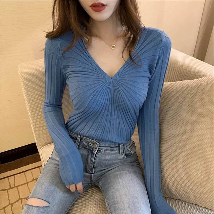 

Женский сексуальный пуловер с v-образным вырезом, эластичный тонкий однотонный теплый вязаный низ, рубашка, пальто XL