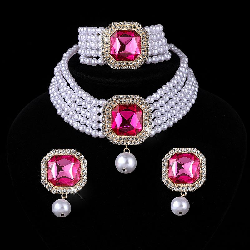Square Crystal Diamond Earrings Necklace Set Choker Multilayer Bridal Anti-Pearl Necklace Earrings Women