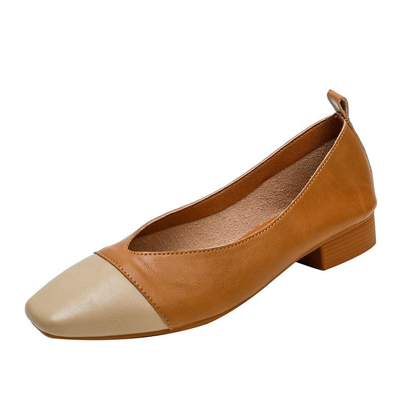 Kožené ležérní explozivní barevné sladění ploché jednobotky módní prošívání čtvercová špička francouzský lehký střih nízký podpatek babičkovské líné boty ženy