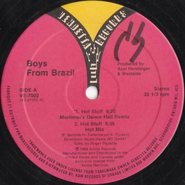 

12-дюймовая пластинка BOYS FROM BRAZIL Hot Stuff VE7002 Vendetta Record 1988 Канада Танцевальная Электроника Б/у