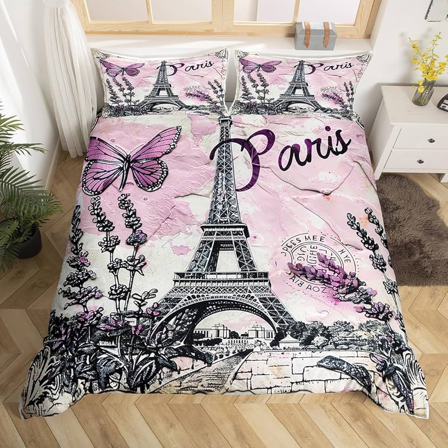 Eiffel Tower Duvet Cover Set Twin King Size Paris Tower Comforter Cover Microfiber Flower Butterfly Bedding Set For Girls Teens