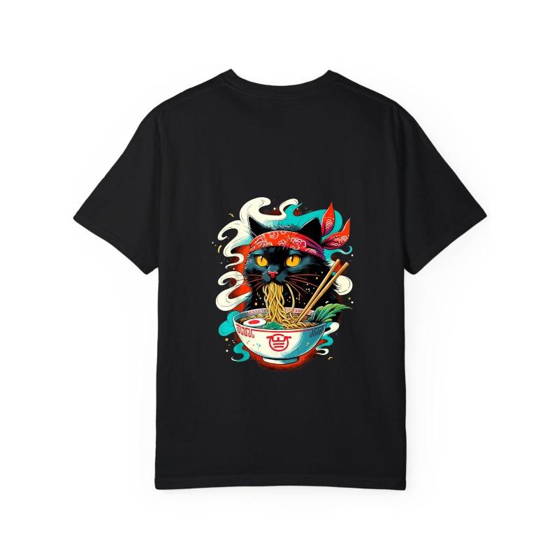 Crewneck T Shirt White Cat Eating Ramen with Chopsticks and Bowl Design for Casual Wear