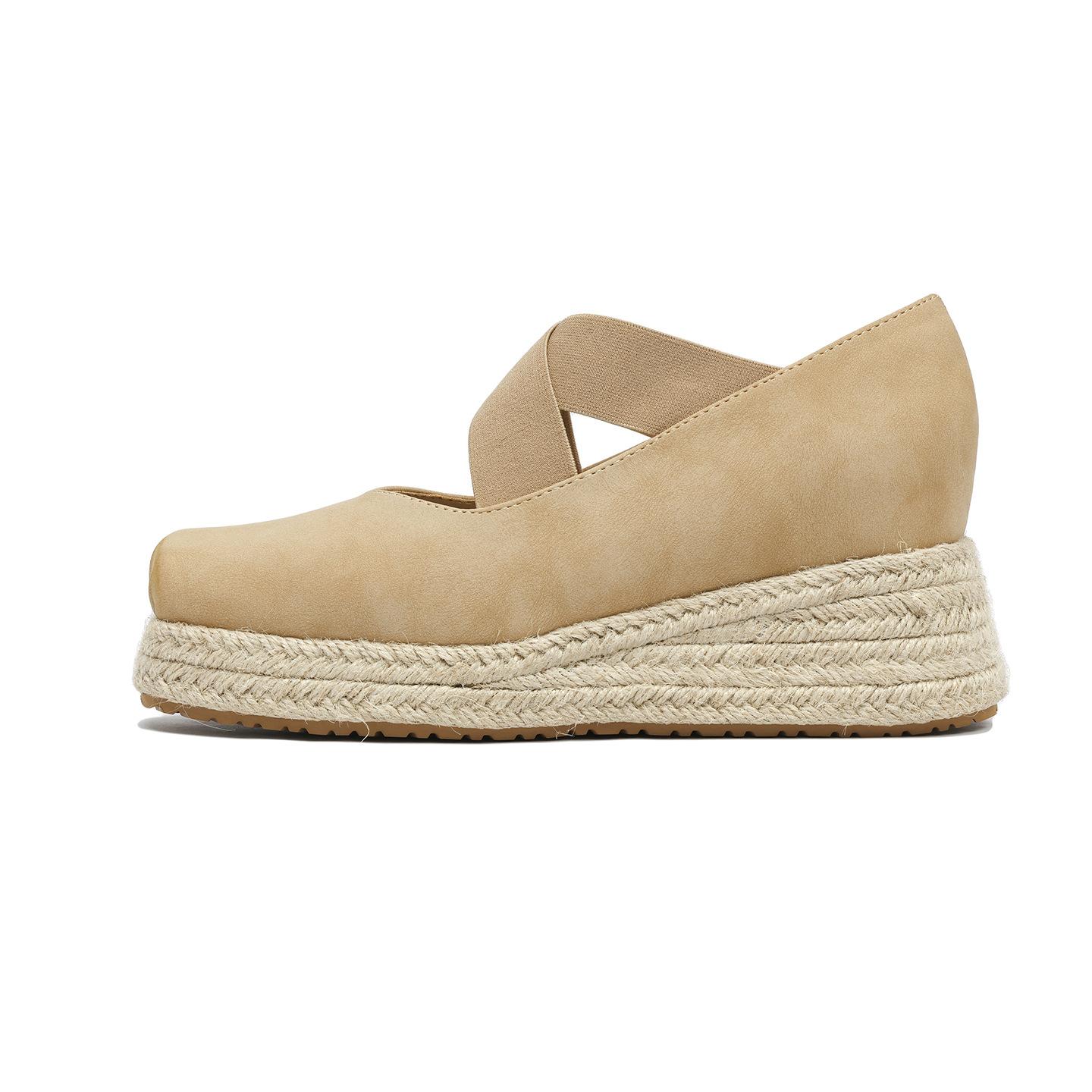 

8 см завышенные клиновидные туфли-одинарки французские балетки плетеная платформа мелкий вырез квадратный носок универсальный ремешок крест-накрест Мэри Джейн 33 абрикосовый