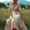 Women's Boho V-Neck Maxi Dress, Floral Print Short Sleeve Casual A-line Dress, Vintage Western Travel Vacation Outfits