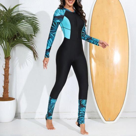 Sommer Surfing Badeanzug Reißverschluss Halbe Knopfleiste Langarm Druck Spleißen Einteiliger Bikini Schnelltrocknend Damen Monokini