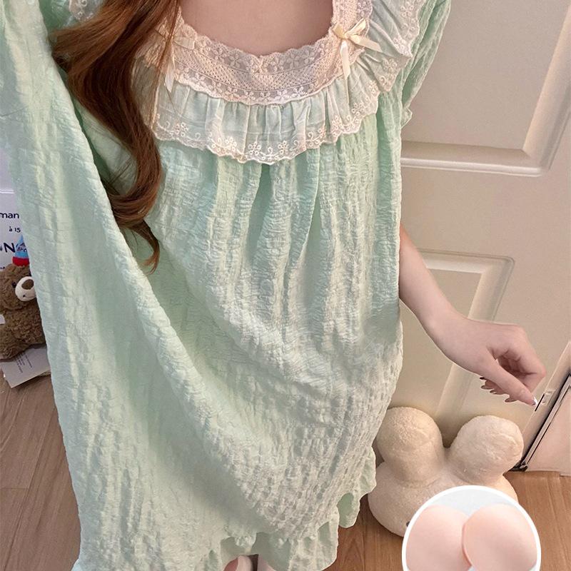 2026 Summer Women's Nightgown: Cloud Cotton, Bra Pads, Short Sleeve, Lace Trim Long Dress