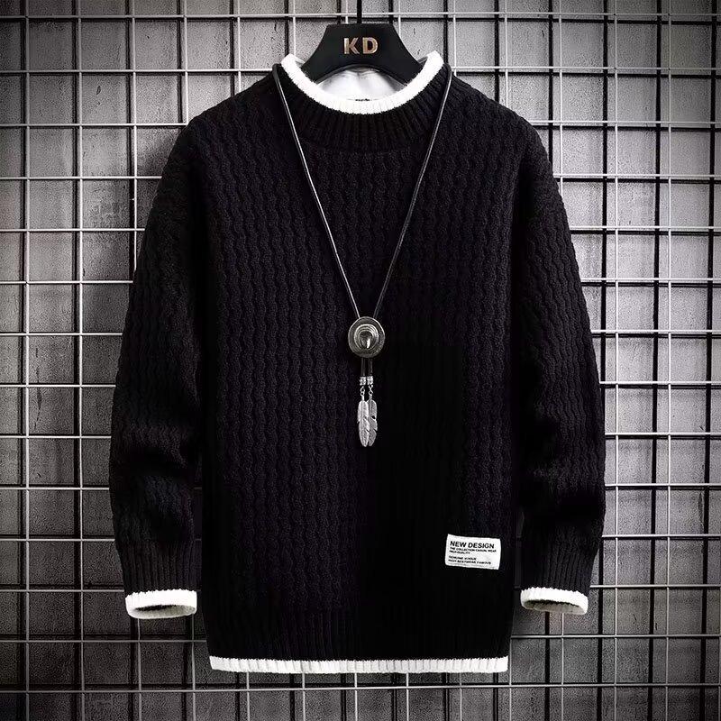 Men's Spring Autumn and Winter Plus Size Short and Thin Warm Knit Sweater Solid Color Sweater Base Sweater Versatile Pullover Sweater