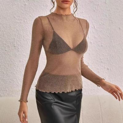Topuri pentru femei, tricou cu mânecă lungă, îmbrăcat cu dantelă, cu gât pe jumătate înalt