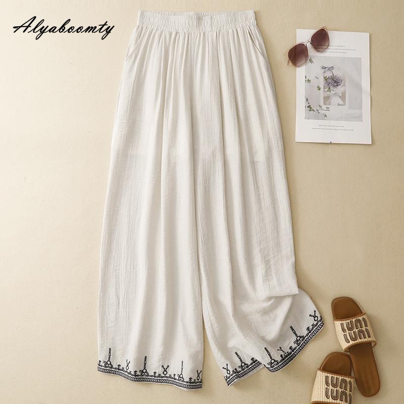 Plus Size Korean Style Summer Women Cotton Pants Elastic Waist Beige Navy Embroidery Trousers Vintage Classical Straight Ladies' Pants