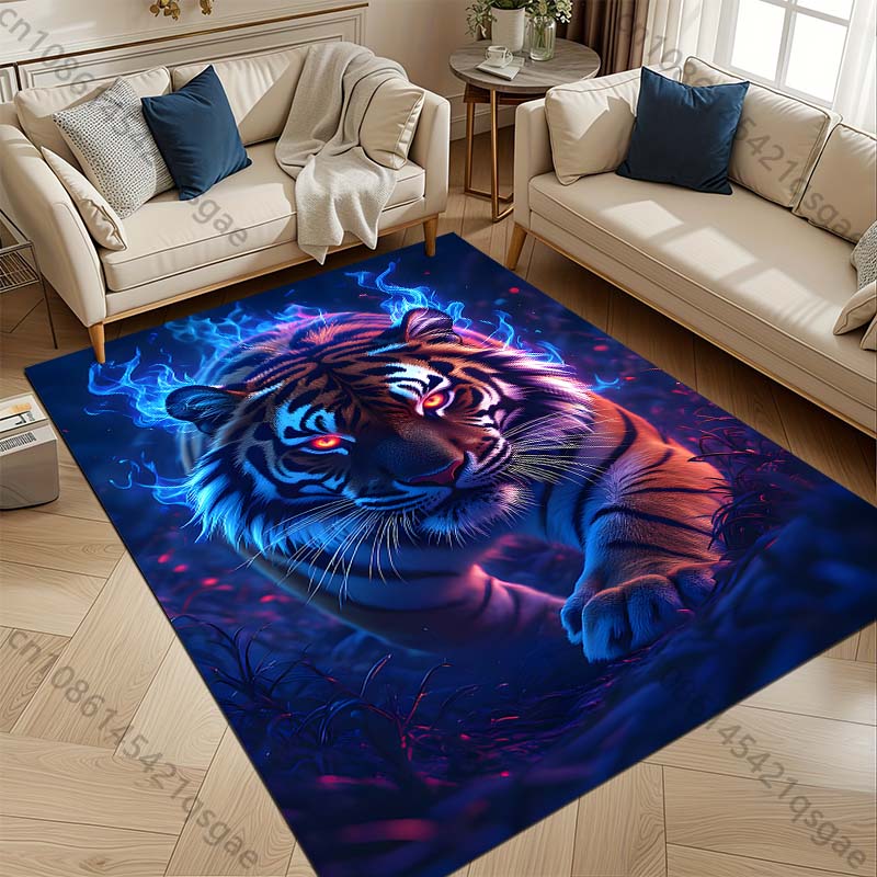 1PC Tiger, blue flames, fantasy Print Carpet Rug for Living Room Bedroom Sofa Doormat Home Decor Non-slip Floor Mat