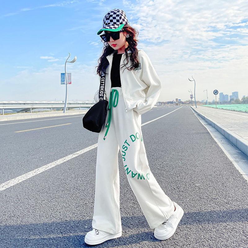 

Костюм для девочек на весну и осень, куртка с длинными рукавами и длинные брюки для детей среднего и старшего возраста 120 белый