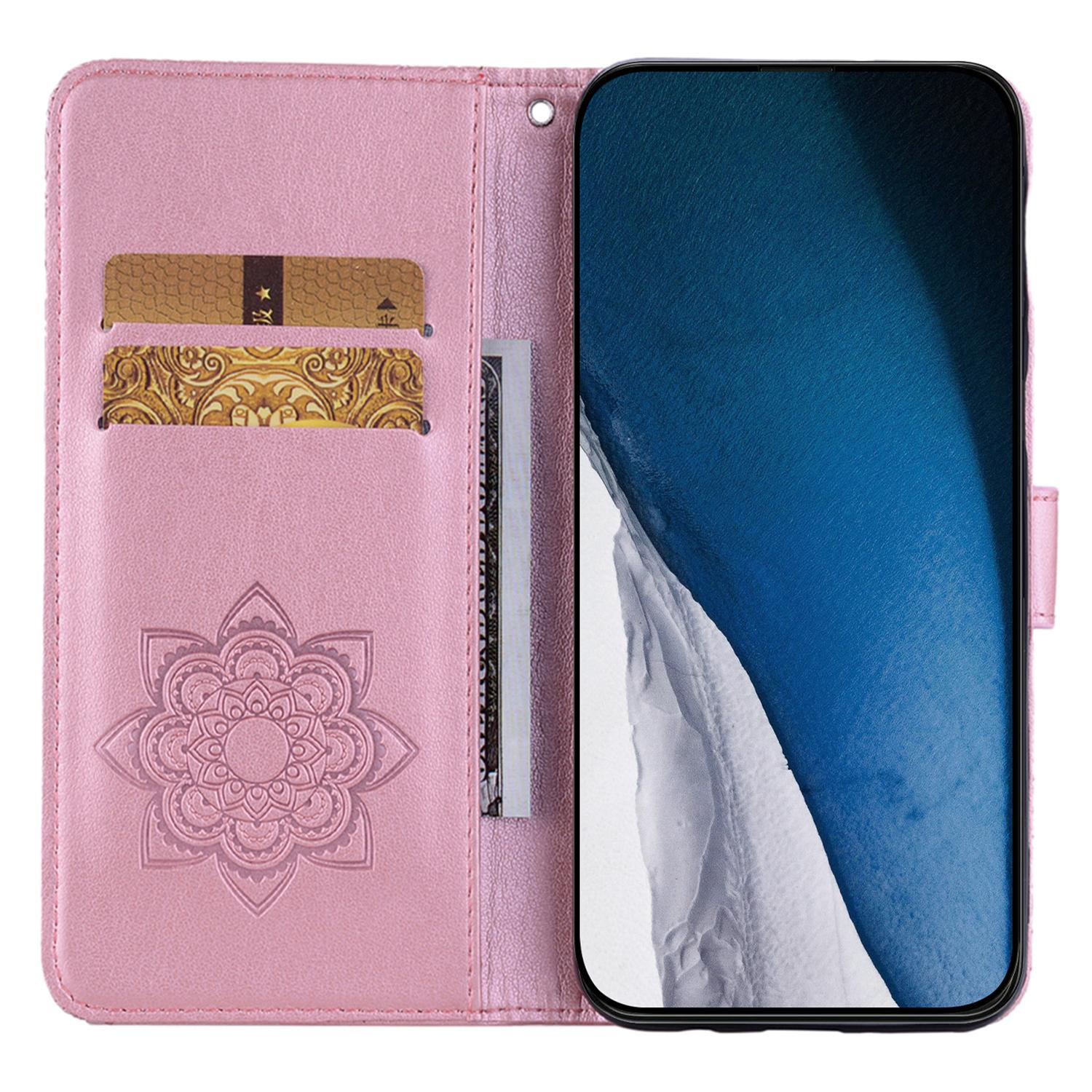 

For iPhone 16 Pro Wallet Case Owl Flower Imprinted Rhinestone Leather Cover Gold