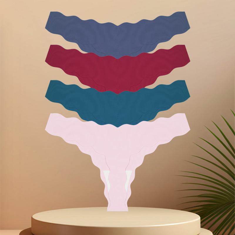 4 Stück Nahtlose Damen-Tangas Sexy Eisseide Wellengürtel Höschen Niedrige Taille Unsichtbarer G-String Dehnbarer T-Rücken Atmungsaktive Lingerie
