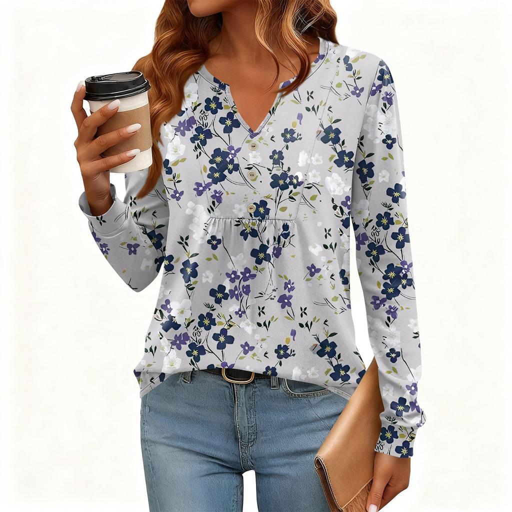 Tricou Pulover de Damă, Croială Relaxată, Gât în V, Culoare Vintage, Blocuri de Culoare cu Imprimeu Floral, Mânecă Lungă