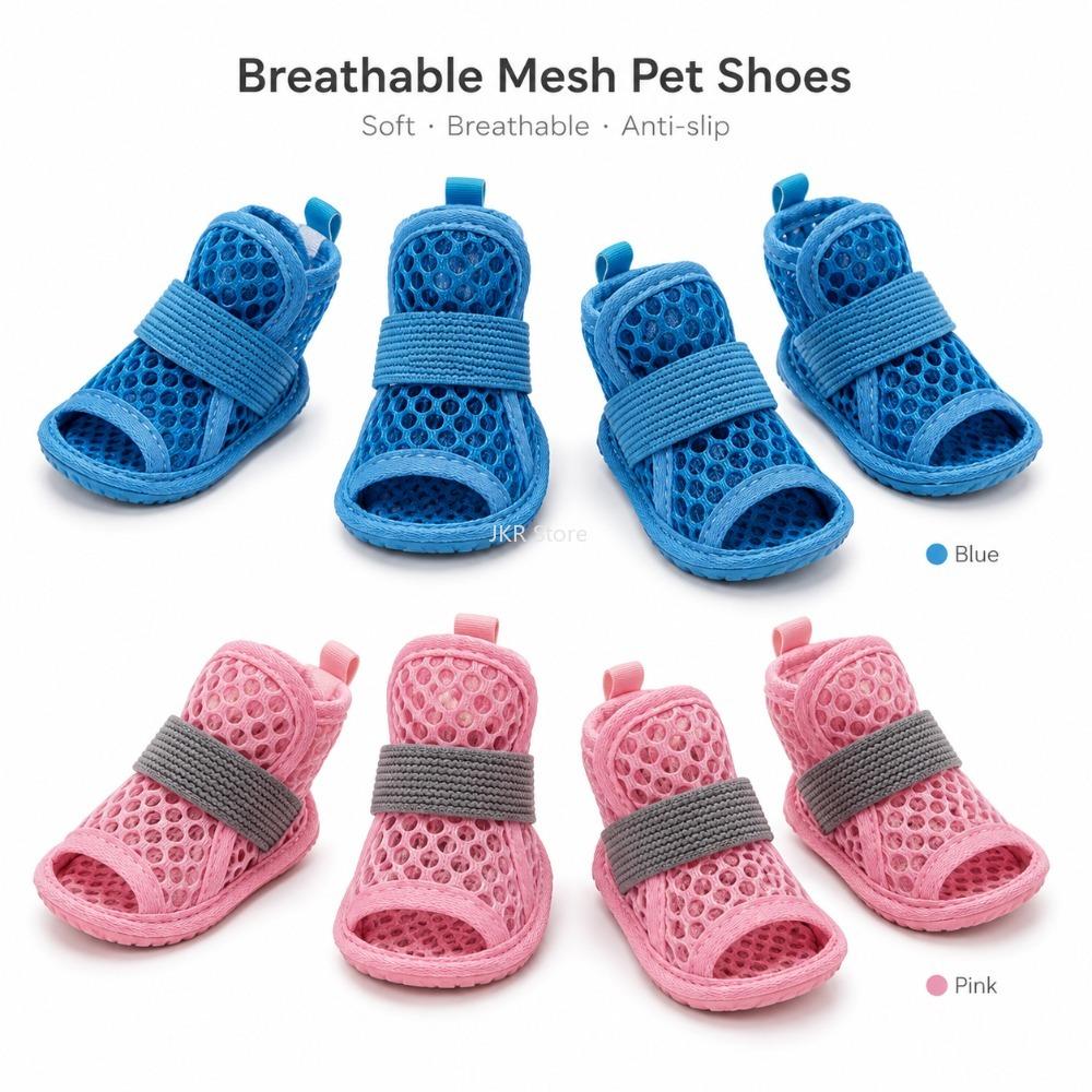 4Pcs Mesh Dog Shoes Non Slip Elastic Strap Cooling Pet Sandals Soft Sole Wear Resistant Boots for Summer Walking Use