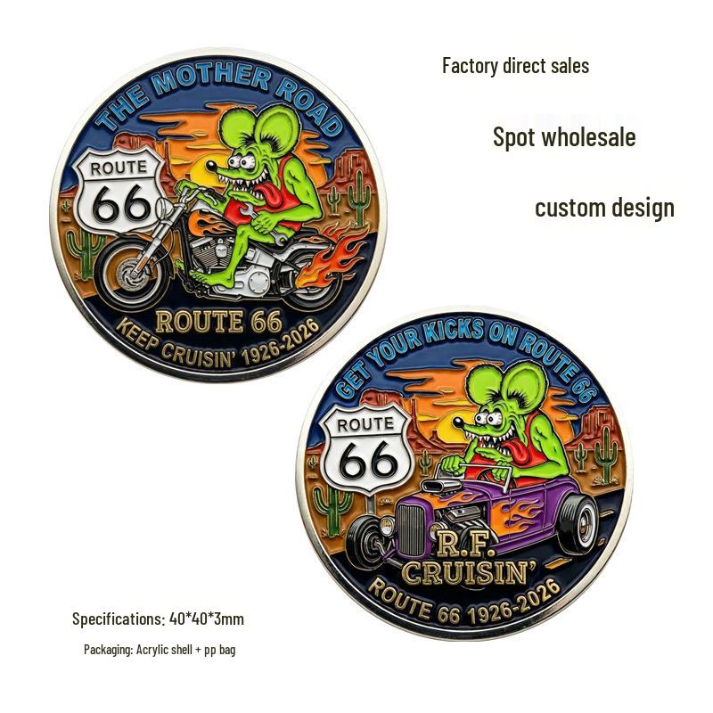 Route 66 100th Anniversary Cartoon Mouse Motorcycle Commemorative Coin 40x40x3 mm