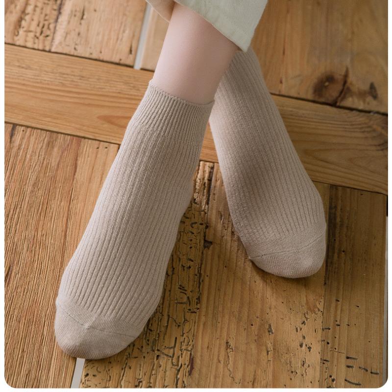 5 Pairs Women's Socks Spring Summer Pure Cotton Short Socks Solid Color Double Needle Style Fine Combing Cotton Middle Tube Socks