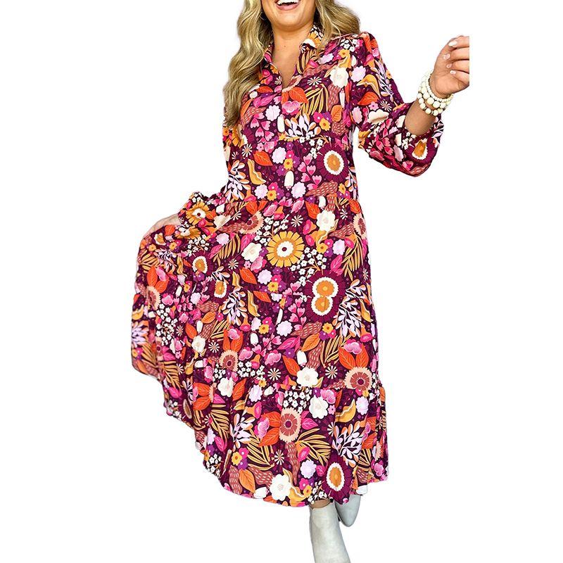 

European and American Style Fresh Florals Print Long Sleeves Dress Women s 2025 Autumn New Arrival Loose Cover Belly and High Waist Long Dress Women Color S code fits (45.00 kg-55.00 kg