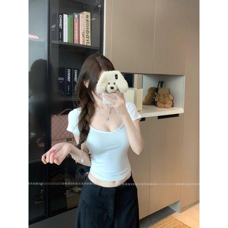 Kumikumi Gyaru Style Contrast Color Stripe Lace-up Sexy Short sleeve T-shirt Women Summer Slim fit Slimming Versatile Top