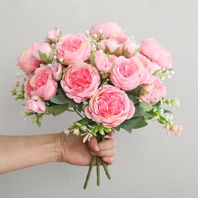 1pcs/30cm Rose Pink Silk Bouquet Peony Artificial Flower 5 Big Head 4 Small Bud Bride Wedding Home Decoration