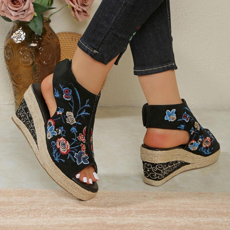Fashion Ethnic Wedge Shoes Women's Retro New Round Toe Open Toe Platform Embroidered Flower High Heel Fish Mouth Sandals