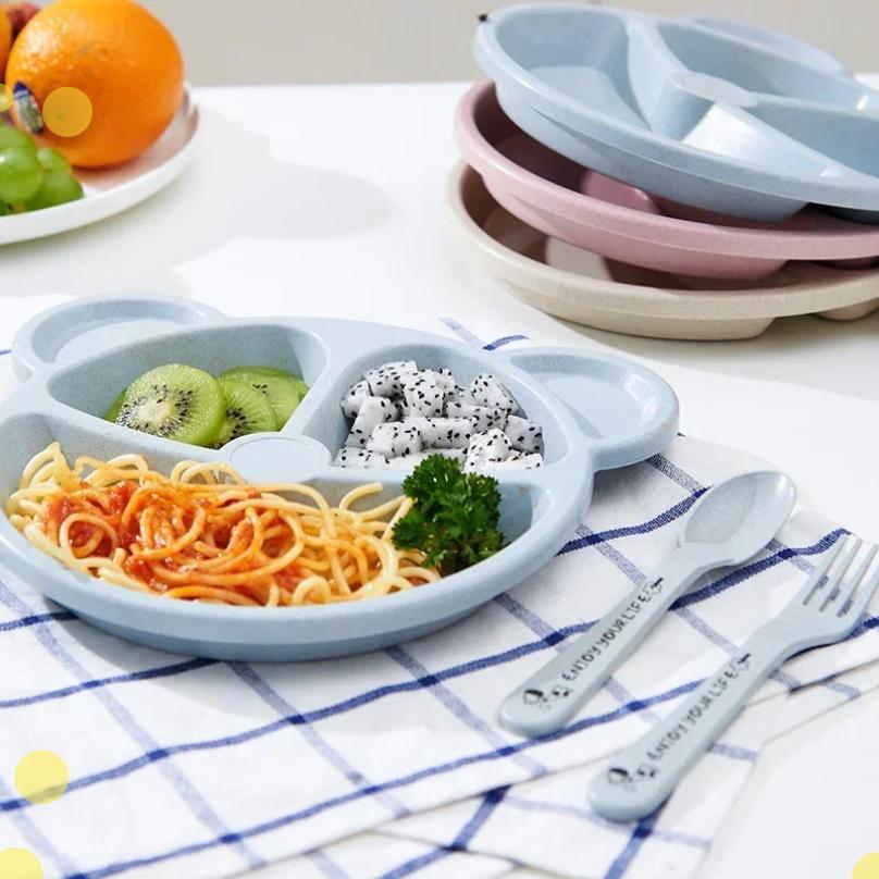 1/3Pcs/set Wheat Straw Baby Dishes Cartoon Tableware Set Kids Dinner Baby Feeding Plate Training Bowl Spoon Fork Tableware