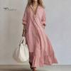 Comfortable Summer Dress Women Striped Long Sleeve Dress, V-Neck Collar Maxi Shirt Elegant for Autumn, Breathable Loose Fit Casual Retro