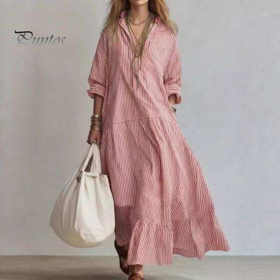 Comfortable Summer Dress Women Striped Long Sleeve Dress, V-Neck Collar Maxi Shirt Elegant for Autumn, Breathable Loose Fit Casual Retro