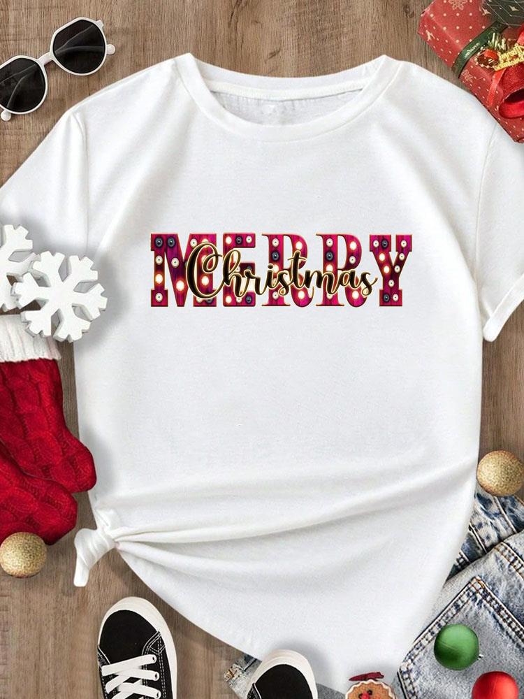 (Asian Size) Tee Merry Christmas New Year Holiday Top festival Casual tree letter style Women Print Lady Short Sleeve Fashion Graphic T-shirts