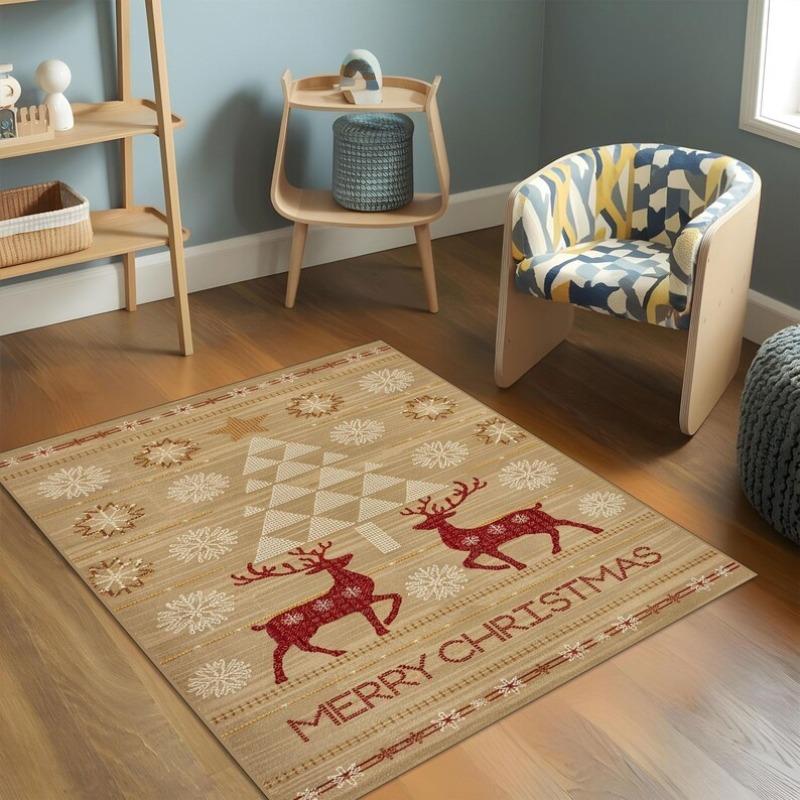 Christmas Rug with Reindeer, Tree, and Snowflake Patterns - Warm Beige and Red Holiday Area Carpet for Home