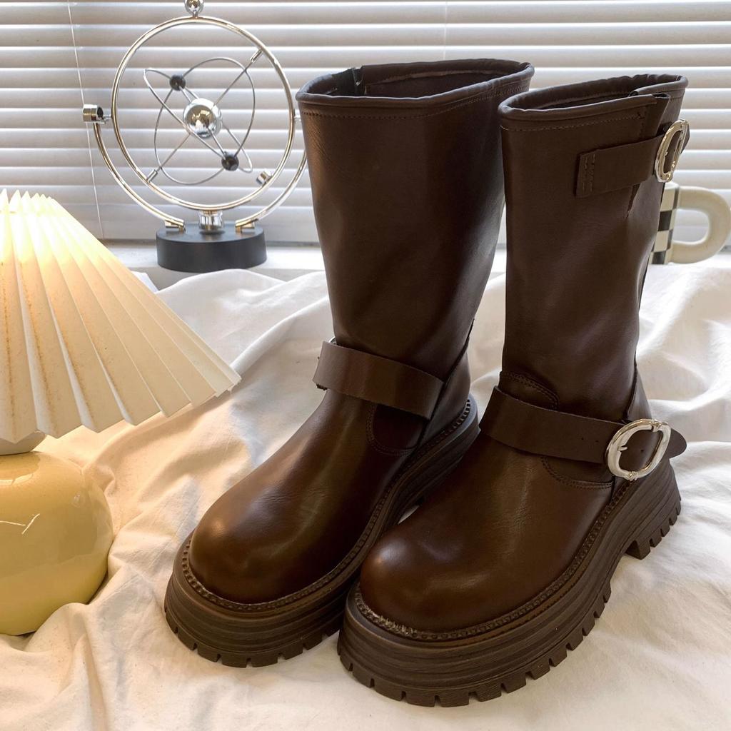 Spring Autumn Round Toe Leather Platform Women's Half High Boots Fashion 2025 Trend Hot Demi-season New in Ladies Mid Calf Shoes