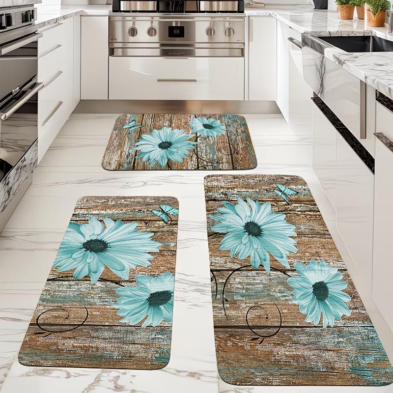 Spring Floral Series Kitchen Floor Mats - Dirt-Resistant, Wear-Resistant, Easy-to-Clean, Three-Piece Set