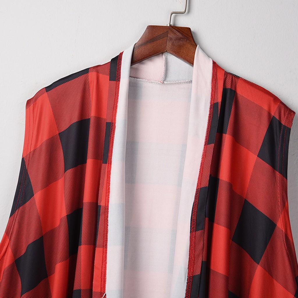 Womens Plaid Open Front Cardigan Sleeveless Pockets Drape Lightweight Vest Coat