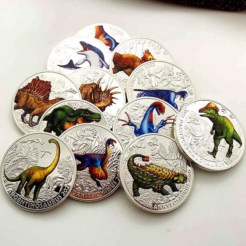 Dinosaur Animal Tyrannosaurus Rex Gold Plated Color Printing Commemorative Medal Creative Craft Gold Coin Velociraptor Children's Gift Coin