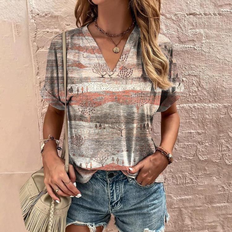 Retro Harajuku Women's Casual V-Neck Short Sleeve Summer Streetwear Pullover T-Shirt Tops New Fashion Stripe Print Tee