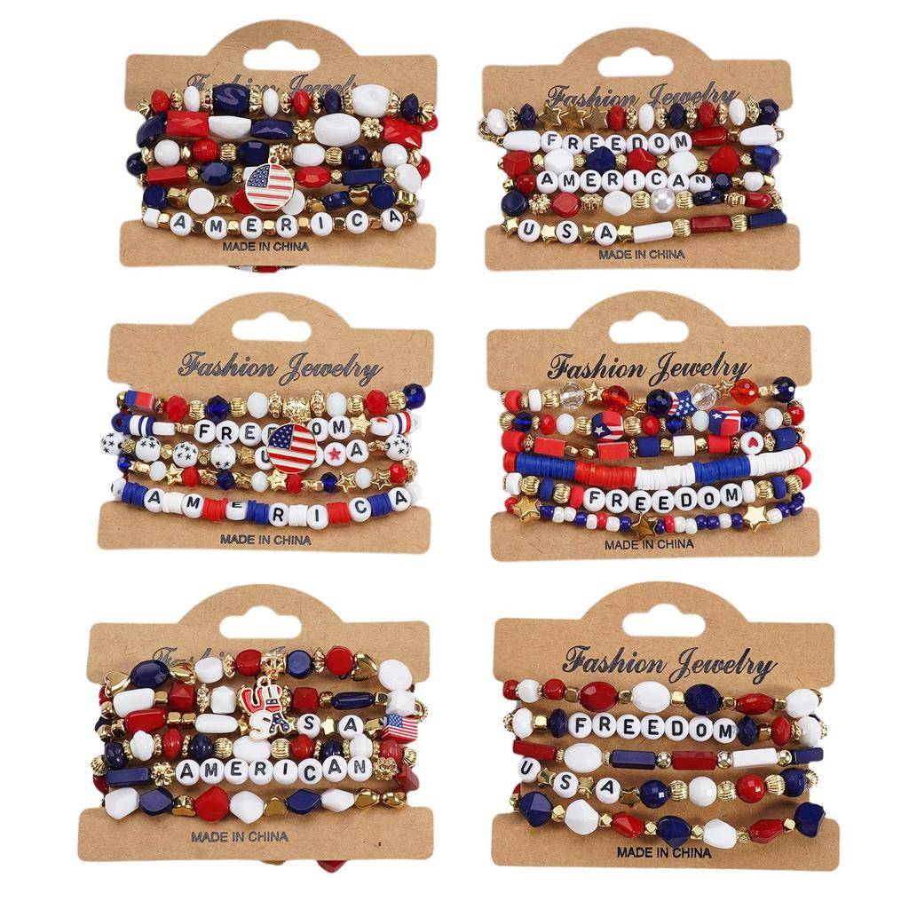 Independence Day Beaded Bracelet Set - Heart & Flag Clay Ornaments