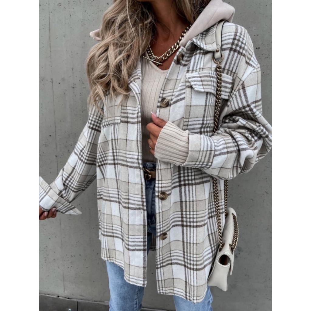 Collar, Loose Fit, Women's, Hooded Jacket, (detachable Hat) Checkered, Woolen Jacket