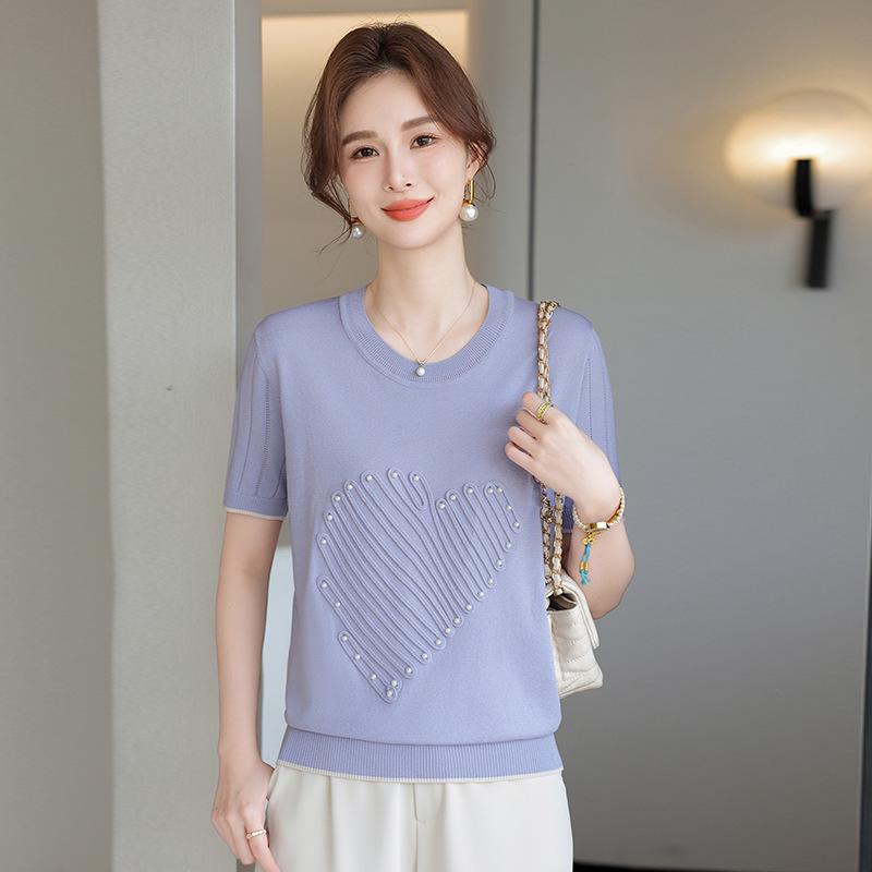 Elegant Beaded Jacquard Ice Silk Knit Top – Summer 2026 Collection: Fashionable Short-Sleeved Loose Fit for Women Large фиолетовый