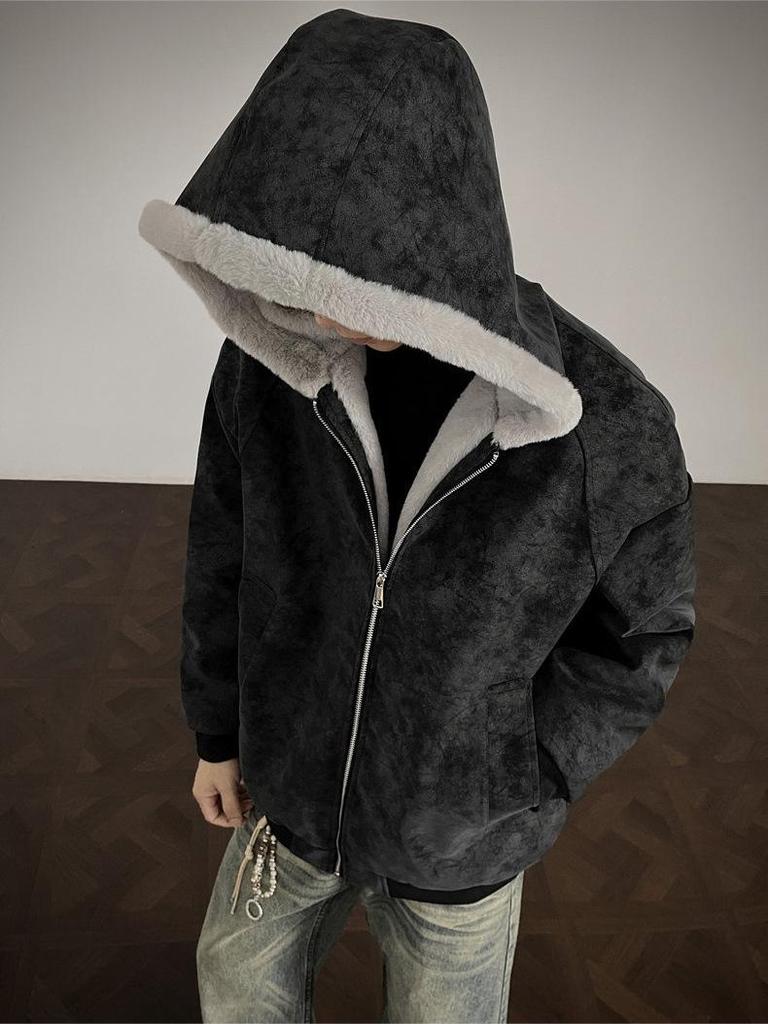 Men's Winter Lychee Pattern PU Leather Jacket with Hood and Fur Collar