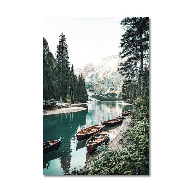 Scandinavian Natural Landscape Wall Art Poster Mountain Lake Boat Print Oil Painting Modern