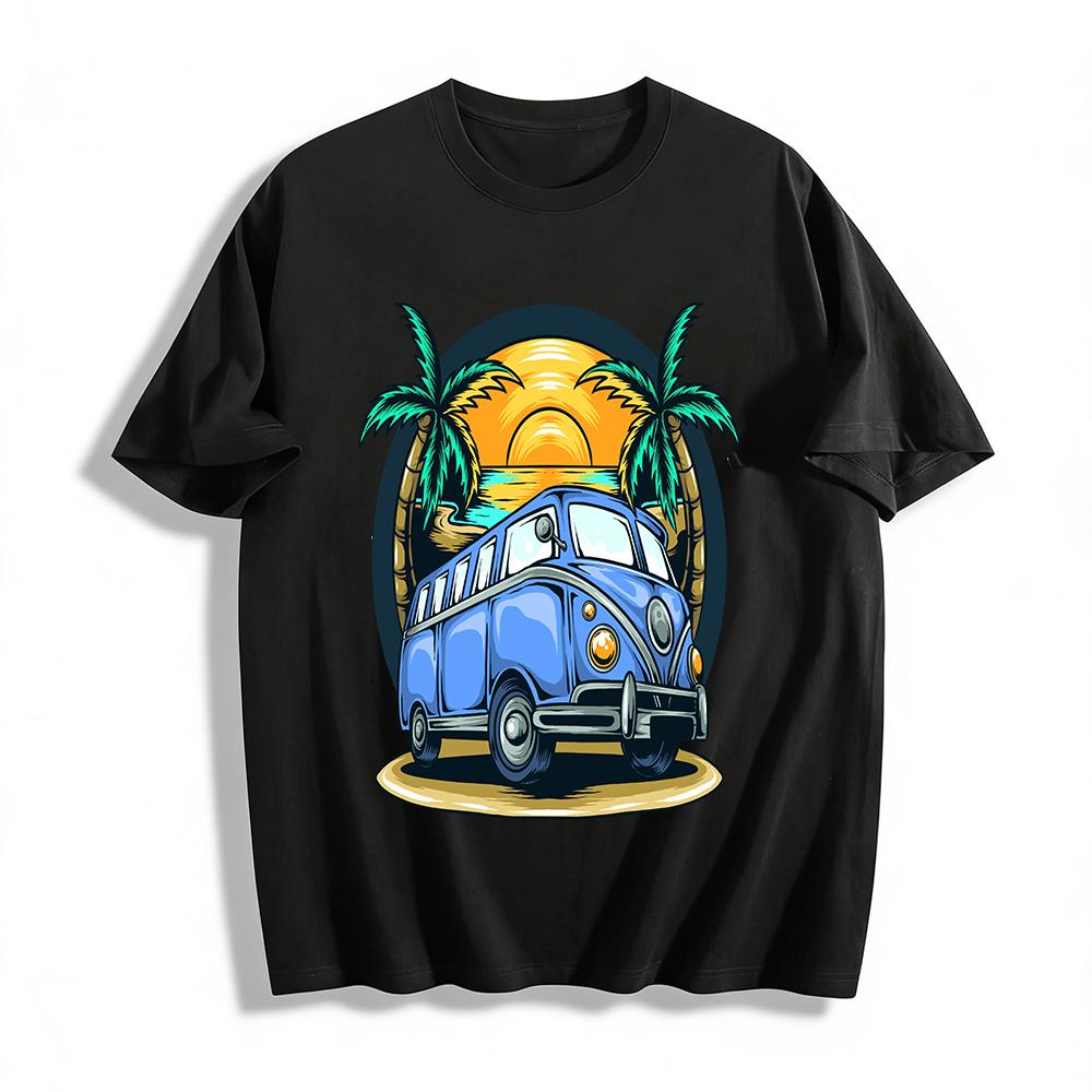 

Vintage Coastal Bus Coconut Tree Sunset Print Casual T-Shirt Pure cotton T-shirt XXS