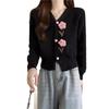 Embroidered Floral V Neck Knit Cardigan Women Spring Cropped Slim Long Sleeve Top