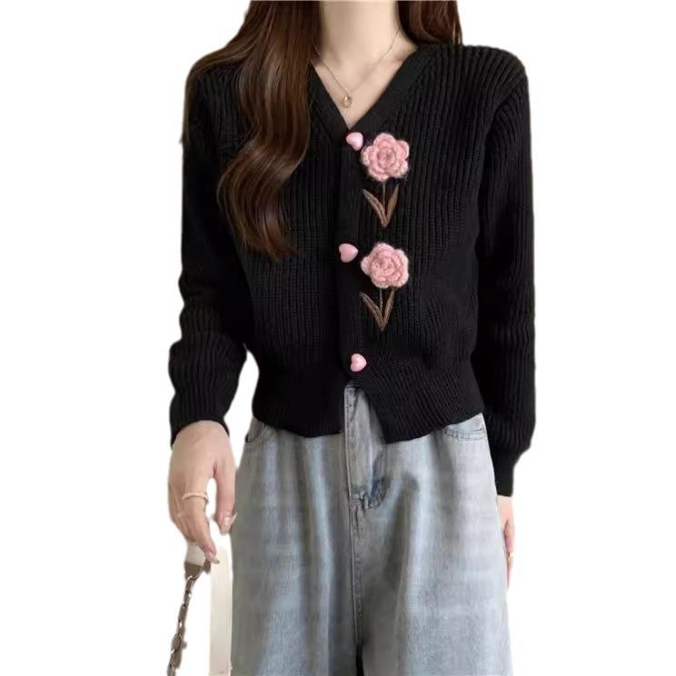 Embroidered Floral V Neck Knit Cardigan Women Spring Cropped Slim Long Sleeve Top