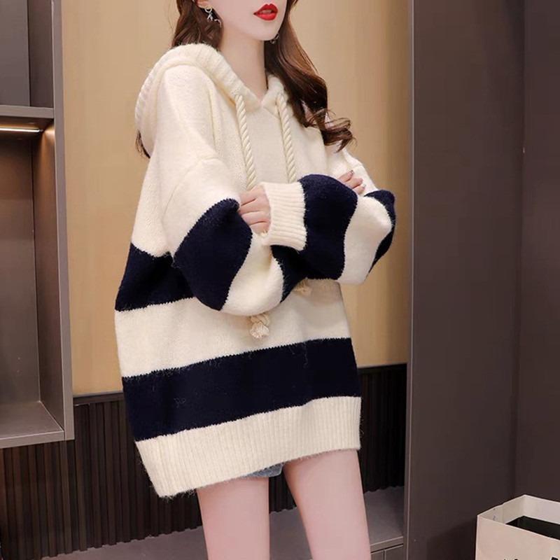 Loose Lazy Wind Hooded Sweater Women's New Autumn Loose Large Size Knitted Sweater Medium and Long Coat