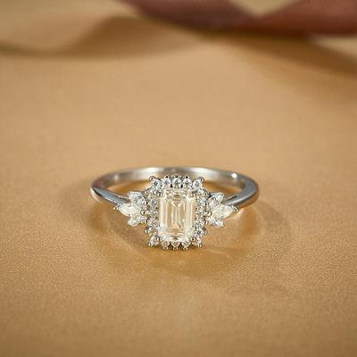 GRA-zertifizierter Moissanit-Ring aus 925er Sterlingsilber, Smaragdschliff, Edelstein, Blumen-Verlobungs- und Ehering