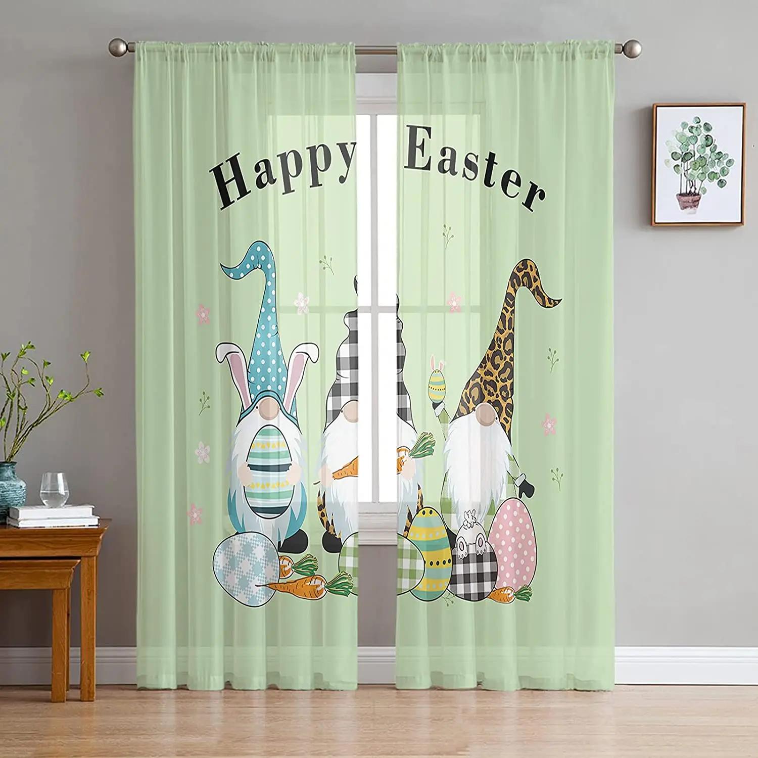 

Easter Egg Window Curtains Bedroom Living Room Basket Bunny Spring Floral Chiffon Voile Drapes Curtain Sheer Polyester Ideal For Sitting W100*H130(CM)-Grommet top&2PCS