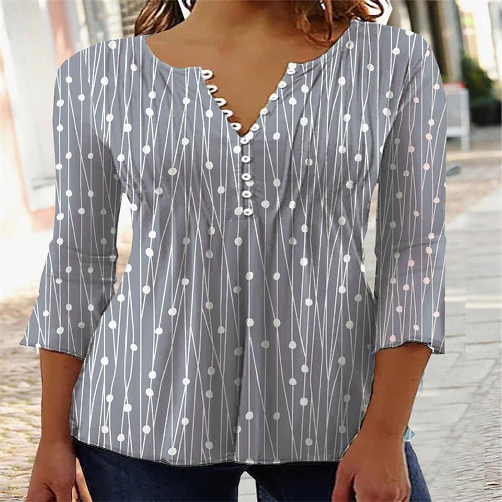 GMXIA Spring V-neck Printed Long-sleeved Shirt Base Layer Top Women's Wear
