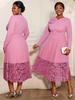 Plus Size Women's Elegant Light Purple V-neck Long Sleeve Pleated Lace Dress