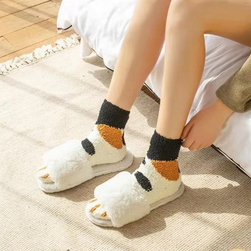 Cozy Cat Paw Coral Fleece Socks - Thick Warm Floor Sleep Socks